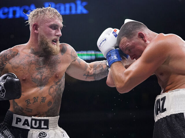 DALLAS, TEXAS - AUGUST 05: Jake Paul throws a left at Nate Diaz during the eighth round of their fight at the American Airlines Center on August 05, 2023 in Dallas, Texas.