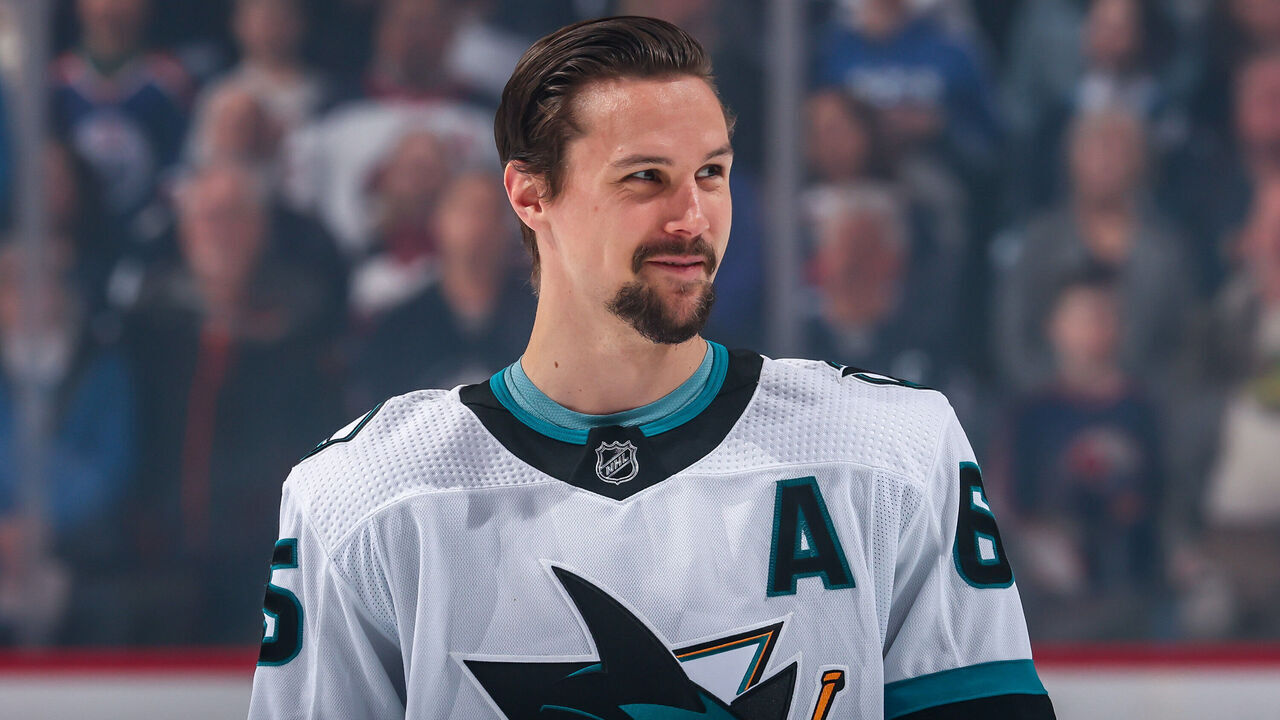 WINNIPEG, CANADA - APRIL 10: Erik Karlsson #65 of the San Jose Sharks looks on prior to puck drop against the Winnipeg Jets at the Canada Life Centre on April 10, 2023 in Winnipeg, Manitoba, Canada.