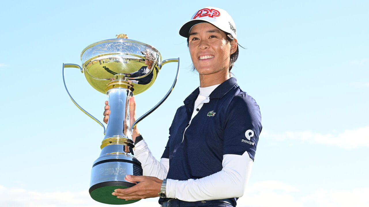 TROON, SCOTLAND - AUGUST 06: Celine Boutier of France poses with the championship trophy after winning the FREED GROUP Women's Scottish Open presented by Trust Golf at Dundonald Links Golf Course on August 06, 2023 in Troon, Scotland.