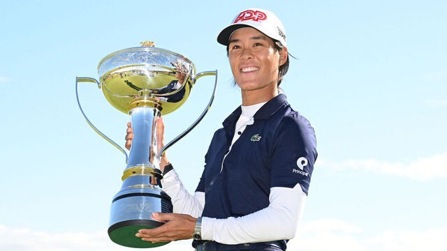 TROON, SCOTLAND - AUGUST 06: Celine Boutier of France poses with the championship trophy after winning the FREED GROUP Women's Scottish Open presented by Trust Golf at Dundonald Links Golf Course on August 06, 2023 in Troon, Scotland.