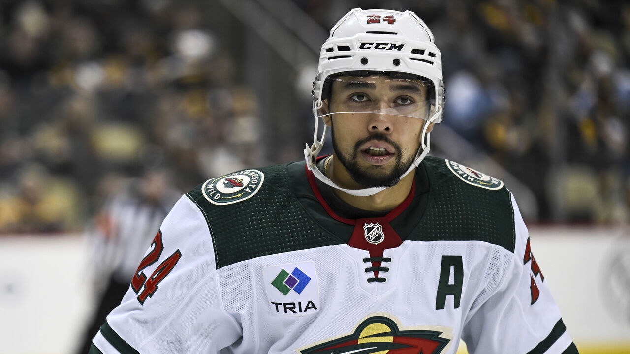 PITTSBURGH, PA - APRIL 06: Minnesota Wild Defenseman Matt Dumba (24) looks on during the third period in the NHL game between the Pittsburgh Penguins and the Minnesota Wild on April 6, 2023, at PPG Paints Arena in Pittsburgh, PA.