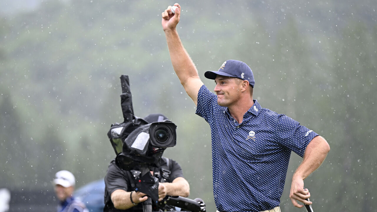 WHITE SULPHUR SPRINGS, WEST VIRGINIA - AUGUST 06: Bryson DeChambeau of the United States celebrates his birdie putt on the 18th hole with a record 58 to win the LIV Golf Invitational - Greenbrier at The Old White Course on August 06, 2023 in White Sulphur Springs, West Virginia.