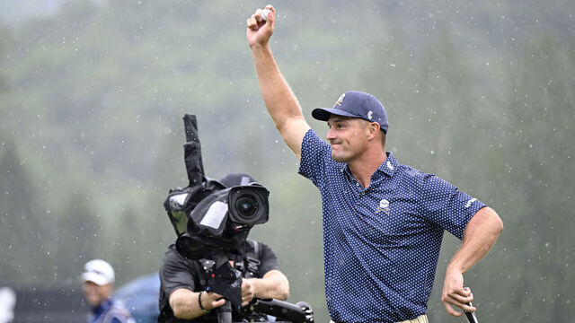 WHITE SULPHUR SPRINGS, WEST VIRGINIA - AUGUST 06: Bryson DeChambeau of the United States celebrates his birdie putt on the 18th hole with a record 58 to win the LIV Golf Invitational - Greenbrier at The Old White Course on August 06, 2023 in White Sulphur Springs, West Virginia.