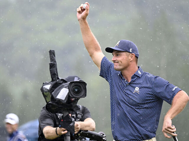 WHITE SULPHUR SPRINGS, WEST VIRGINIA - AUGUST 06: Bryson DeChambeau of the United States celebrates his birdie putt on the 18th hole with a record 58 to win the LIV Golf Invitational - Greenbrier at The Old White Course on August 06, 2023 in White Sulphur Springs, West Virginia.