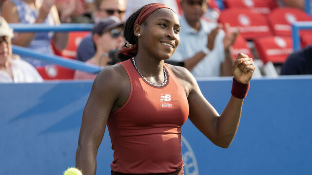 WASHINGTON, DC - AUGUST 05: Coco Gauff celebrates after winning against Liudmila Samsonova during the semifinals of the Mubadala Citi DC Open at Rock Creek Park Tennis Center on August 5, 2023 in Washington, D.C.