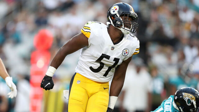 JACKSONVILLE, FLORIDA - AUGUST 20: Myles Jack #51 of the Pittsburgh Steelers reacts after a tackle during the first half of a preseason game against the Jacksonville Jaguars at TIAA Bank Field on August 20, 2022 in Jacksonville, Florida.