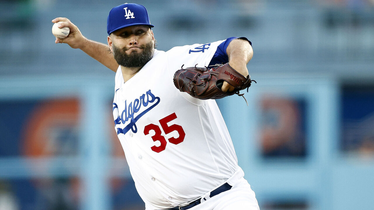 LOS ANGELES, CALIFORNIA - AUGUST 01: Lance Lynn #35 of the Los Angeles Dodgers throws against the Oakland Athletics in the first inning at Dodger Stadium on August 01, 2023 in Los Angeles, California.