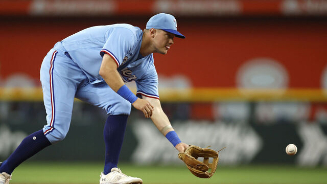 ARLINGTON, TEXAS - JULY 16: Josh Jung #6 of the Texas Rangers fields a ground ball in the second inning against the Cleveland Guardians at Globe Life Field on July 16, 2023 in Arlington, Texas.