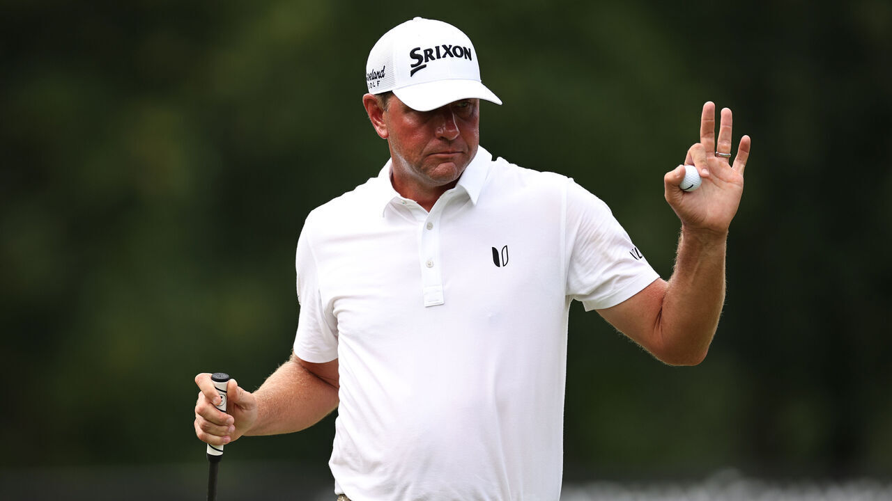 GREENSBORO, NORTH CAROLINA - AUGUST 06: Lucas Glover of the United States reacts on the 14th green during the final round of the Wyndham Championship at Sedgefield Country Club on August 06, 2023 in Greensboro, North Carolina.