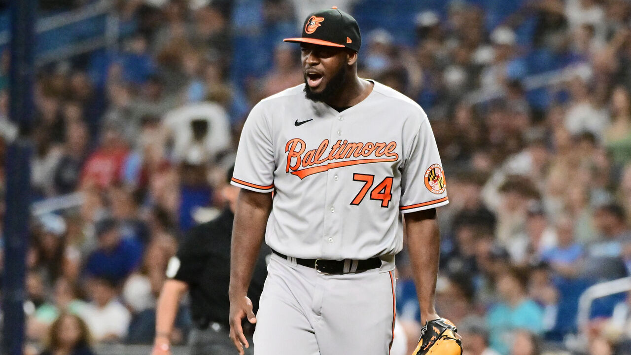 ST PETERSBURG, FLORIDA - JULY 20: Felix Bautista #74 of the Baltimore Orioles reacts after defeating the Tampa Bay Rays 4-3 at Tropicana Field on July 20, 2023 in St Petersburg, Florida.