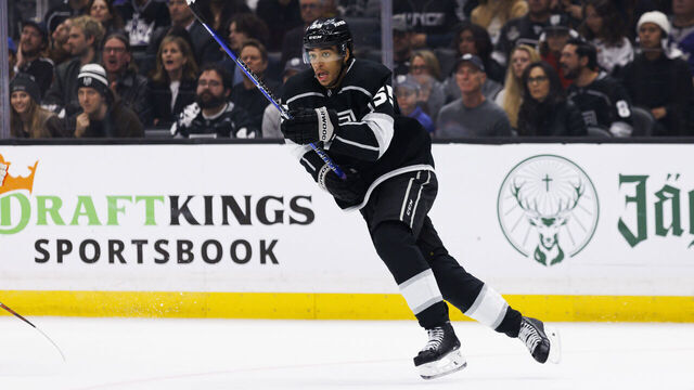 LOS ANGELES, CA - APRIL 29: Los Angeles Kings center Quinton Byfield (55) skates during a NHL Western Conference First Round hockey game between the Edmonton Oilers and the Los Angeles Kings on April 29, 2023 at Crypto.com Arena in Los Angeles, CA.