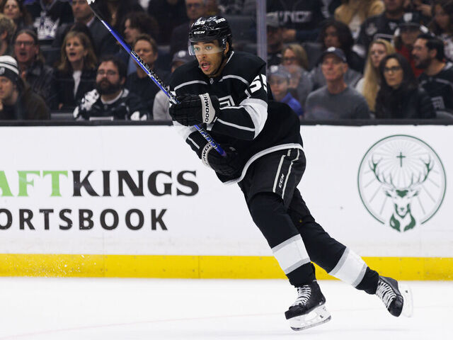 LOS ANGELES, CA - APRIL 29: Los Angeles Kings center Quinton Byfield (55) skates during a NHL Western Conference First Round hockey game between the Edmonton Oilers and the Los Angeles Kings on April 29, 2023 at Crypto.com Arena in Los Angeles, CA.