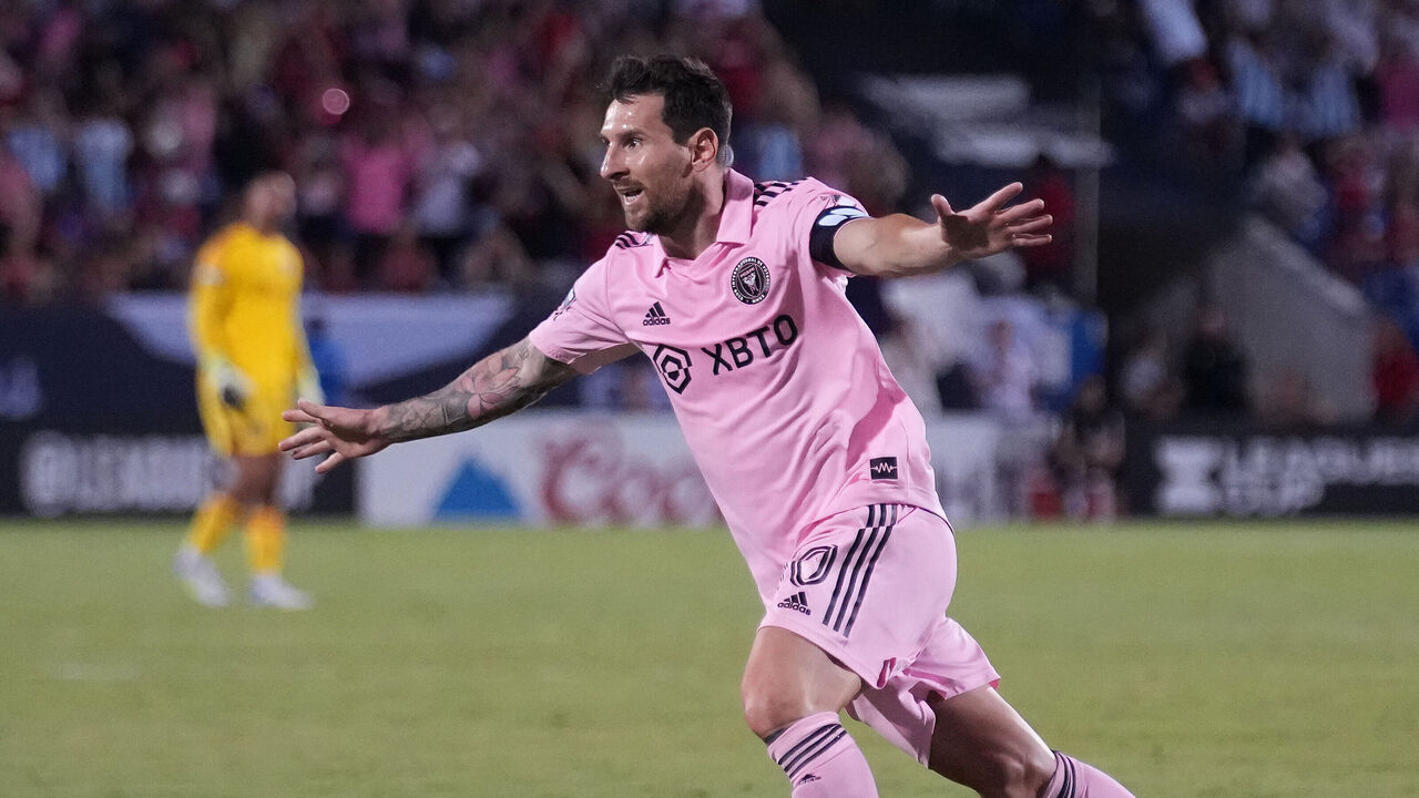 FRISCO, TEXAS - AUGUST 06: Lionel Messi #10 of Inter Miami CF celebrates after scoring a goal on a free kick in the second half during the Leagues Cup 2023 Round of 16 match between Inter Miami CF and FC Dallas at Toyota Stadium on August 06, 2023 in Frisco, Texas.