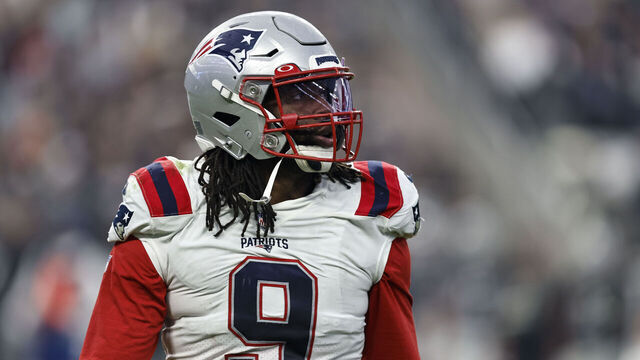 LAS VEGAS, NEVADA - DECEMBER 18: Matthew Judon #9 of the New England Patriots looks on during an NFL football game between the Las Vegas Raiders and the New England Patriots at Allegiant Stadium on December 18, 2022 in Las Vegas, Nevada.