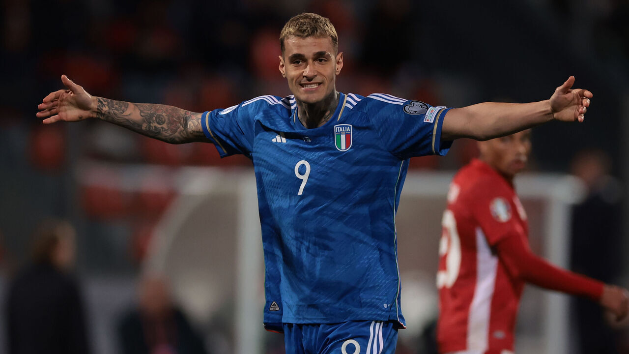 MALTA, MALTA - MARCH 26: Gianluca Scamacca of Italy reacts during the UEFA EURO 2024 qualifying round group C match between Malta and Italy at the National Stadium on March 26, 2023 in Ta' Qali, Malta.
