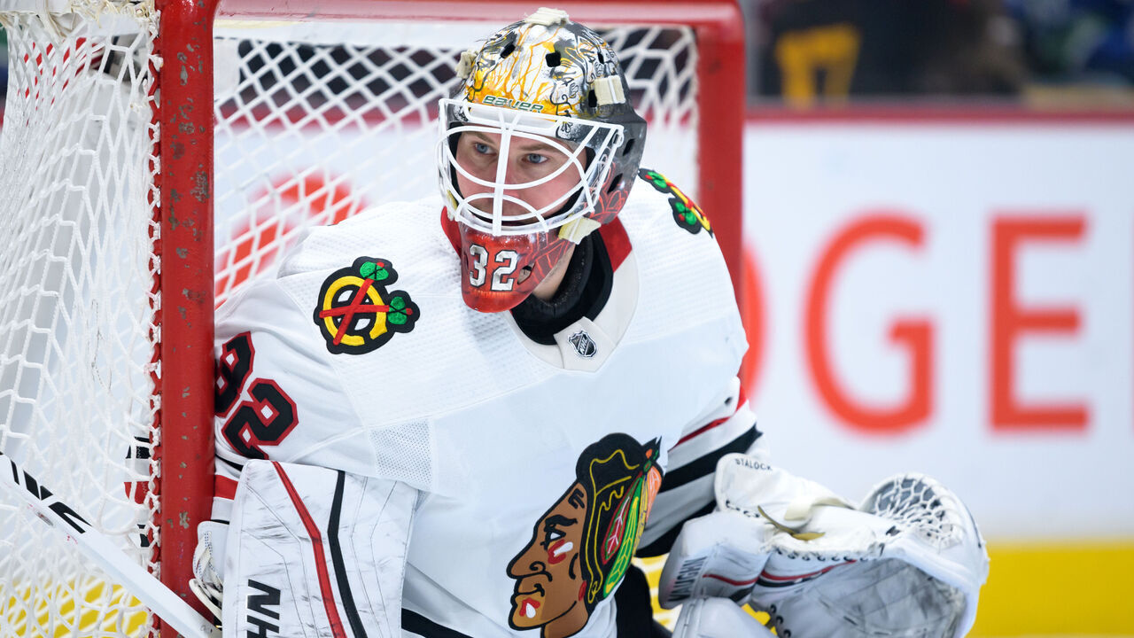 VANCOUVER, CANADA - APRIL 6: Alex Stalock #32 of the Chicago Blackhawks in net during the first period of their NHL game against the Vancouver Canucks at Rogers Arena on April 6, 2023 in Vancouver, British Columbia, Canada.