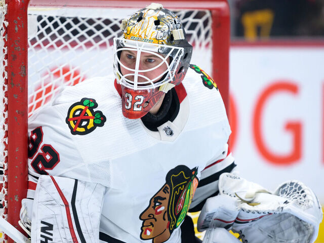 VANCOUVER, CANADA - APRIL 6: Alex Stalock #32 of the Chicago Blackhawks in net during the first period of their NHL game against the Vancouver Canucks at Rogers Arena on April 6, 2023 in Vancouver, British Columbia, Canada.