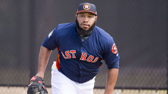 WEST PALM BEACH, FL - FEBRUARY 18: Houston Astros Non-Roster Invitee Infielder Jon Singleton (21) during a Houston Astros spring training workout at The Ballpark of the Palm Beaches in West Palm Beach, Florida on February 18, 2017.