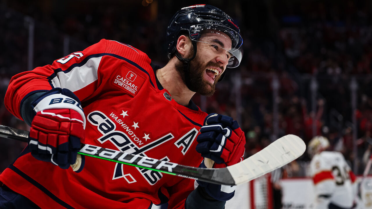 WASHINGTON, DC - APRIL 08: Tom Wilson #43 of the Washington Capitals celebrates after scoring a goal against the Florida Panthers during the second period of the game at Capital One Arena on April 8, 2023 in Washington, DC.