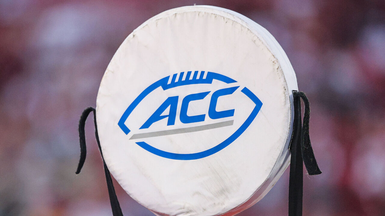 LOUISVILLE, KY - SEPTEMBER 16: An Atlantic Coast Conference yard marker is seen during the Louisville Cardinals and Florida State Seminoles game at Cardinal Stadium on September 16, 2022 in Louisville, Kentucky.