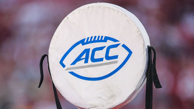 LOUISVILLE, KY - SEPTEMBER 16: An Atlantic Coast Conference yard marker is seen during the Louisville Cardinals and Florida State Seminoles game at Cardinal Stadium on September 16, 2022 in Louisville, Kentucky.