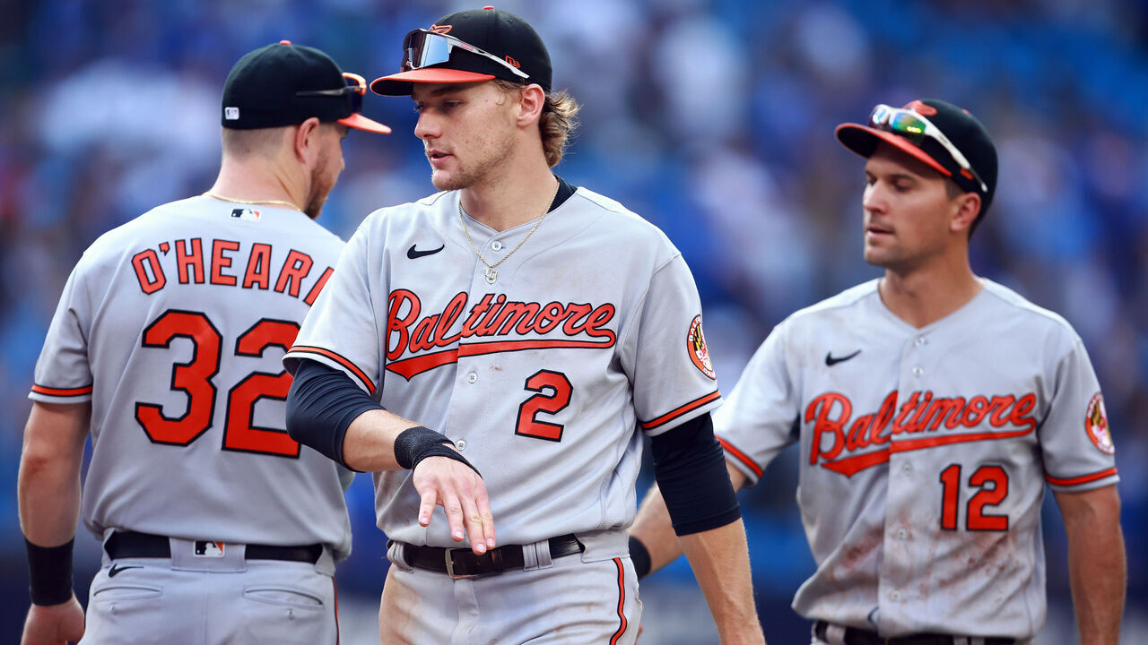 TORONTO, ON - AUGUST 3: Gunnar Henderson #2 of the Baltimore Orioles celebrates the win against the Toronto Blue Jays at Rogers Centre on August 3, 2023 in Toronto, Ontario, Canada.