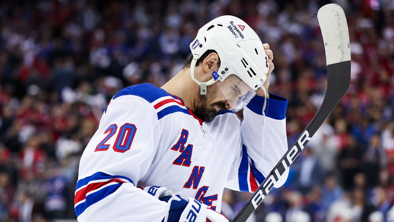 NEWARK, NJ - MAY 01: New York Rangers left wing Chris Kreider (20) adjusts his helmet during Game 7 of an Eastern Conference First Round playoff game between the New York Rangers and the New Jersey Devils on May 1, 2023, at Prudential Center in Newark, New Jersey.