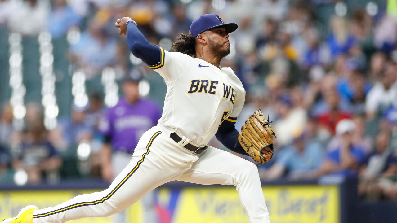 MILWAUKEE, WI - AUGUST 07: Milwaukee Brewers starting pitcher Freddy Peralta (51) throws to the plate in the third inning during a regular season game between the Colorado Rockies and Milwaukee Brewers on August 07, 2023 at American Family Field in Milwaukee, WI.