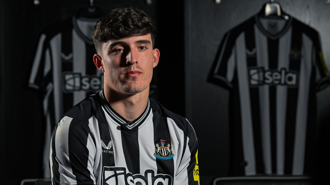 NEWCASTLE UPON TYNE, ENGLAND - AUGUST 08: Valentino Livramento speaks to media at St.James's Park after signing for Newcastle United on August 08, 2023 in Newcastle upon Tyne, England.