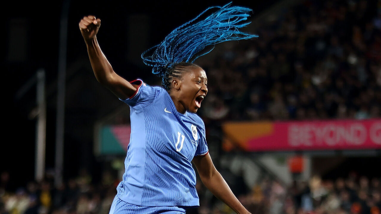 ADELAIDE, AUSTRALIA - AUGUST 08: Kadidiatou Diani of France celebrates after scoring her team's first goal during the FIFA Women's World Cup Australia & New Zealand 2023 Round of 16 match between France and Morocco at Hindmarsh Stadium on August 08, 2023 in Adelaide / Tarntanya, Australia.