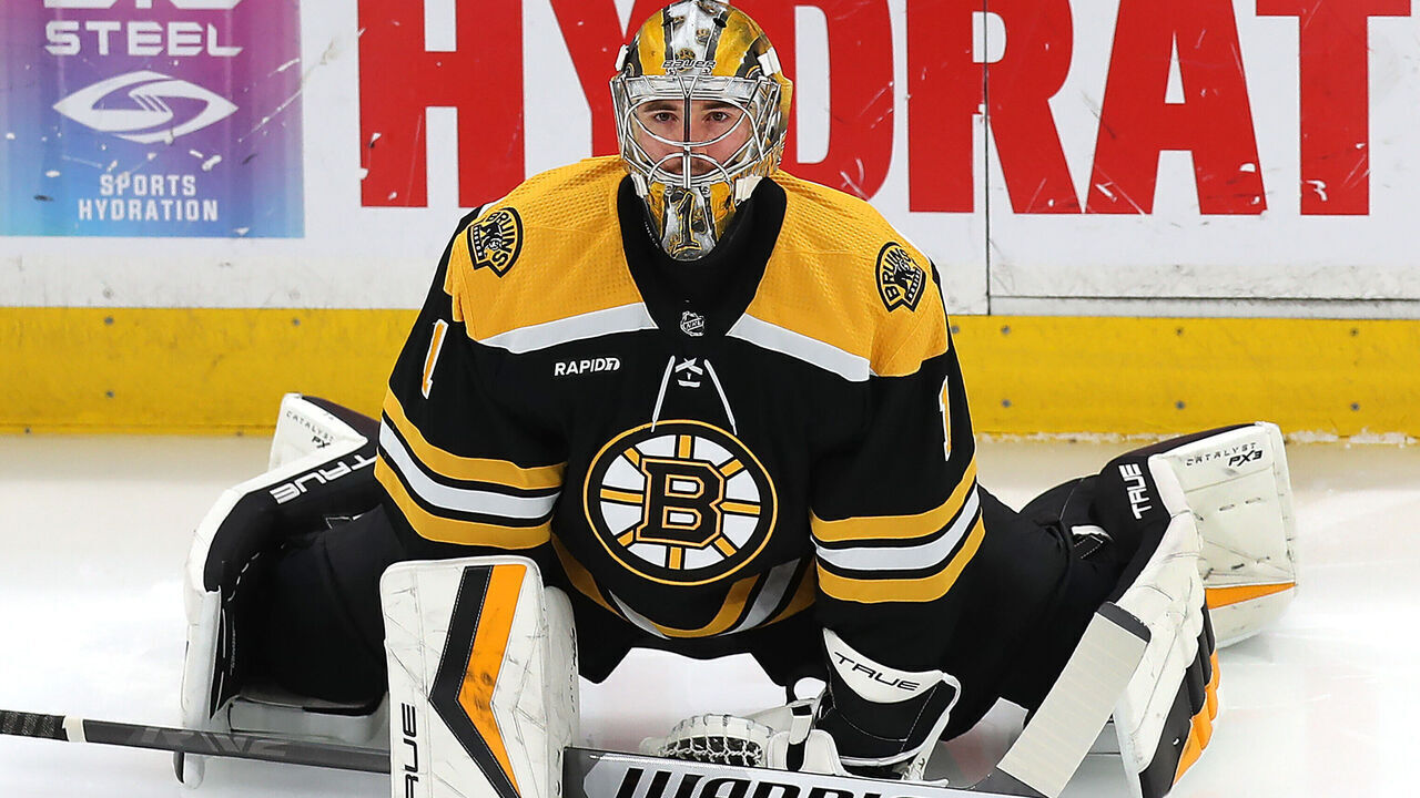 Boston, MA - April 30: Boston Bruins goalie Jeremy Swayman stretches before the game. The Bruins lost to the Florida Panthers, 4-3, in Game 7 of their Eastern Conference First Round Series.