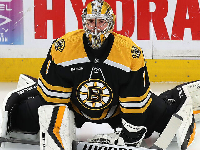 Boston, MA - April 30: Boston Bruins goalie Jeremy Swayman stretches before the game. The Bruins lost to the Florida Panthers, 4-3, in Game 7 of their Eastern Conference First Round Series.