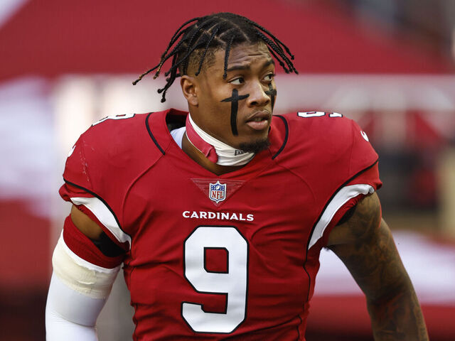 GLENDALE, ARIZONA - NOVEMBER 06: Isaiah Simmons #9 of the Arizona Cardinals looks on as he takes the field prior to an NFL Football game between the Arizona Cardinals and the Seattle Seahawks at State Farm Stadium on November 06, 2022 in Glendale, Arizona.