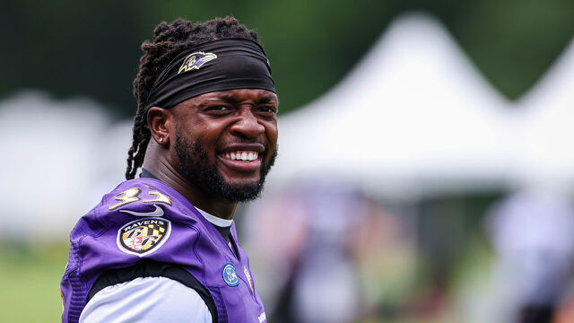 OWINGS MILLS, MD - JULY 27: Melvin Gordon III #33 of the Baltimore Ravens reacts during training camp at Under Armour Performance Center Baltimore Ravens on July 27, 2023 in Owings Mills, Maryland.