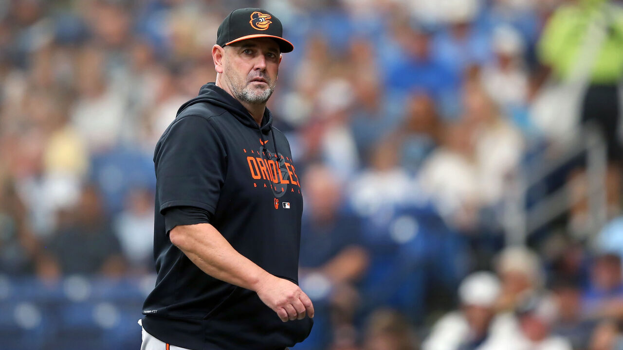 ST. PETERSBURG, FL - July 23: Baltimore Orioles Manager Brandon Hyde walks off the field after changing pitchers during the MLB regular season game between the Baltimore Orioles and the Tampa Bay Rays on July 23, 2023, at Tropicana Field in St. Petersburg, FL.