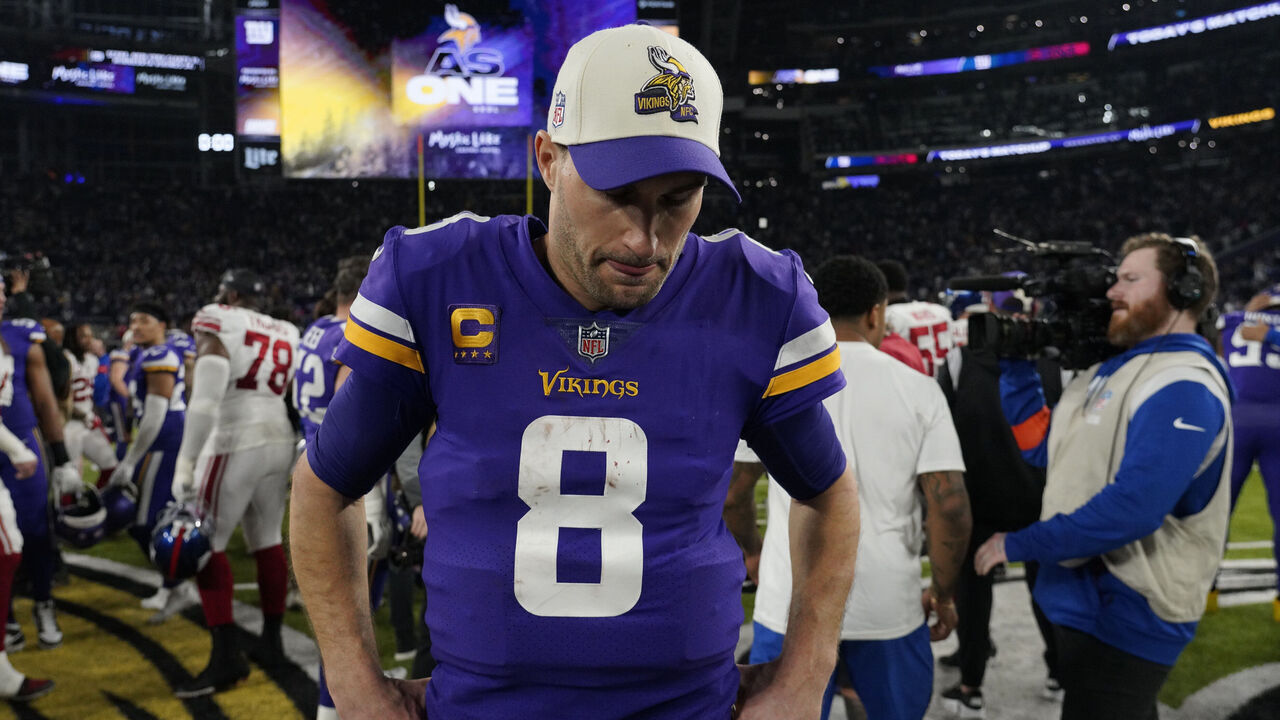 MINNEAPOLIS, MINNESOTA - JANUARY 15: Kirk Cousins #8 of the Minnesota Vikings reacts after losing to the New York Giants in the NFC Wild Card playoff game at U.S. Bank Stadium on January 15, 2023 in Minneapolis, Minnesota.