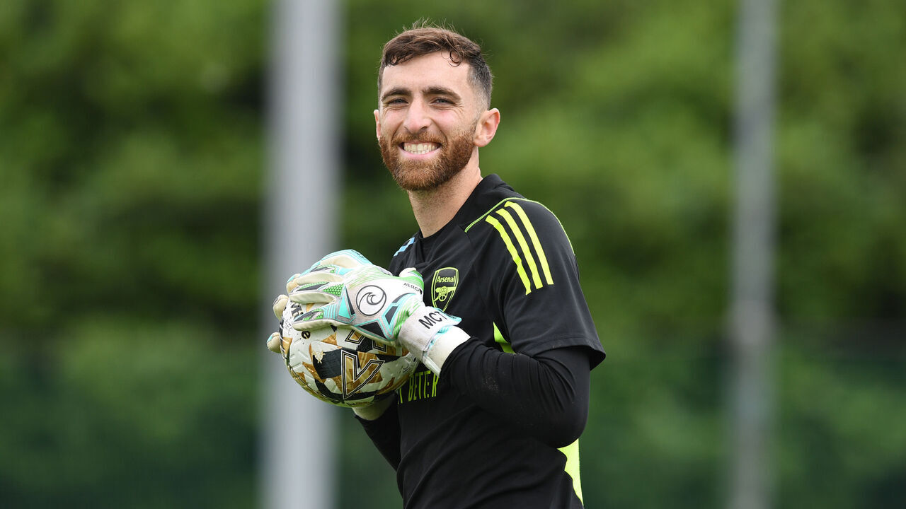 ST ALBANS, ENGLAND - AUGUST 05: Matt Turner of Arsenal during a training session at London Colney on August 05, 2023 in St Albans, England.