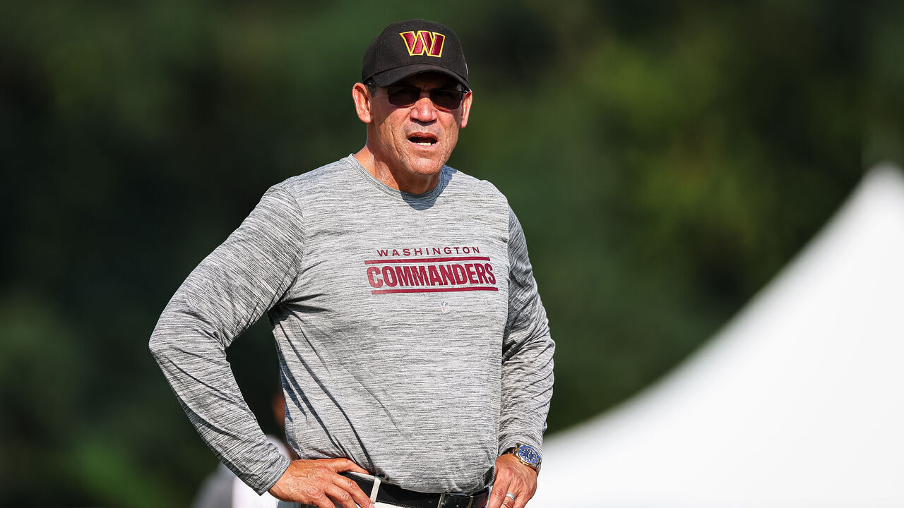 ASHBURN, VA - JULY 28: Head coach Ron Rivera of the Washington Commanders looks on during training camp at OrthoVirginia Training Center on July 28, 2022 in Ashburn, Virginia.