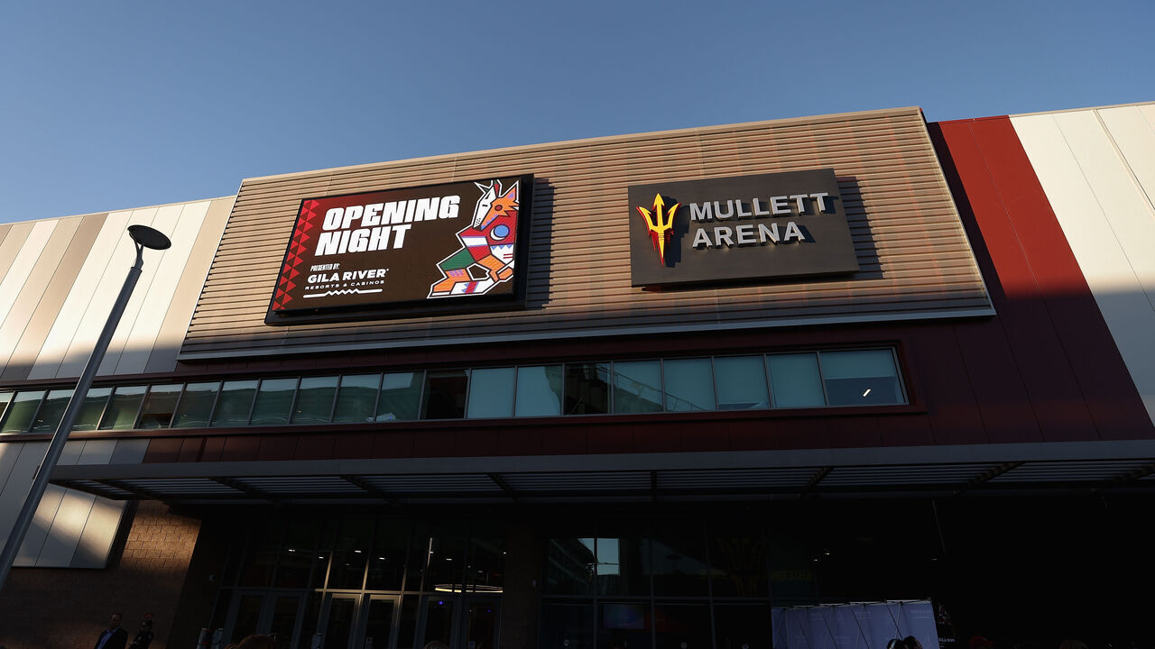 TEMPE, ARIZONA - OCTOBER 28: General view outside of Mullett Arena before the NHL game between the Arizona Coyotes and the Winnipeg Jets on October 28, 2022 in Tempe, Arizona. The Coyotes will use Arizona State University’s Mullett Arena for the next three seasons while a permanent arena deal is finalized.