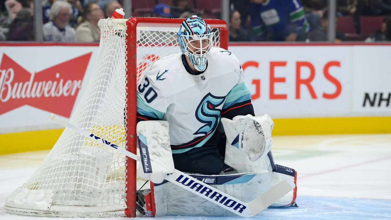 VANCOUVER, CANADA - APRIL 4: Martin Jones #30 of the Seattle Kraken in net during the first period of their NHL game against the Vancouver Canucks at Rogers Arena on April 4, 2023 in Vancouver, British Columbia, Canada.