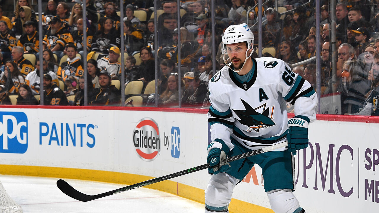 PITTSBURGH, PA - JANUARY 28: Erik Karlsson #65 of the San Jose Sharks skates against the Pittsburgh Penguins at PPG PAINTS Arena on January 28, 2023 in Pittsburgh, Pennsylvania.