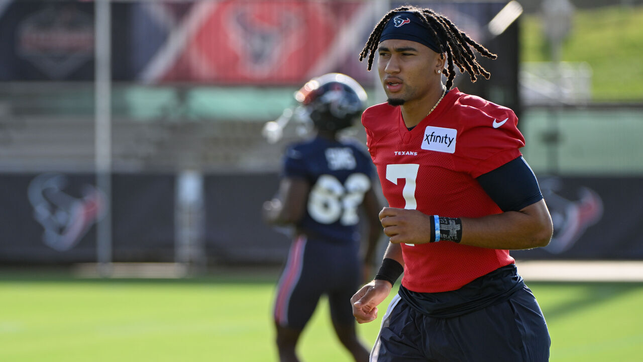 HOUSTON, TX - JULY 26: Houston Texans quarterback C.J. Stroud (7) makes his way across the field during day 1 of the Texans Training Camp at Houston Methodist Training Center on July 26, 2023, in Houston, Texas.