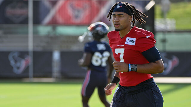 HOUSTON, TX - JULY 26: Houston Texans quarterback C.J. Stroud (7) makes his way across the field during day 1 of the Texans Training Camp at Houston Methodist Training Center on July 26, 2023, in Houston, Texas.