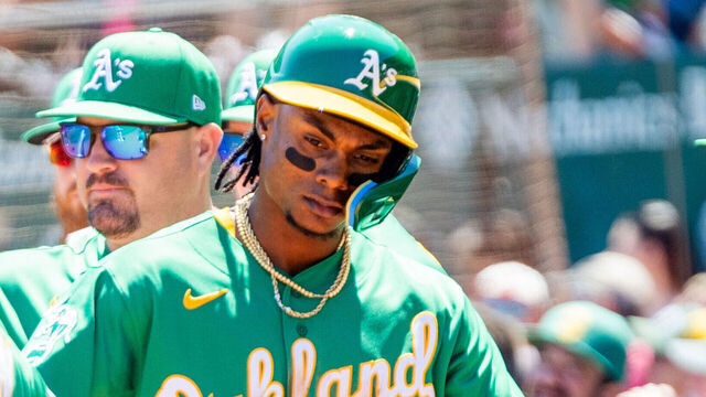 OAKLAND, CA - AUGUST 09: Oakland Athletics center fielder Esteury Ruiz (1) celebrates scoring during the Major League Baseball game between the Texas Rangers and the Oakland Athletics on August 9, 2023 at RingCentral Coliseum in Oakland, CA.