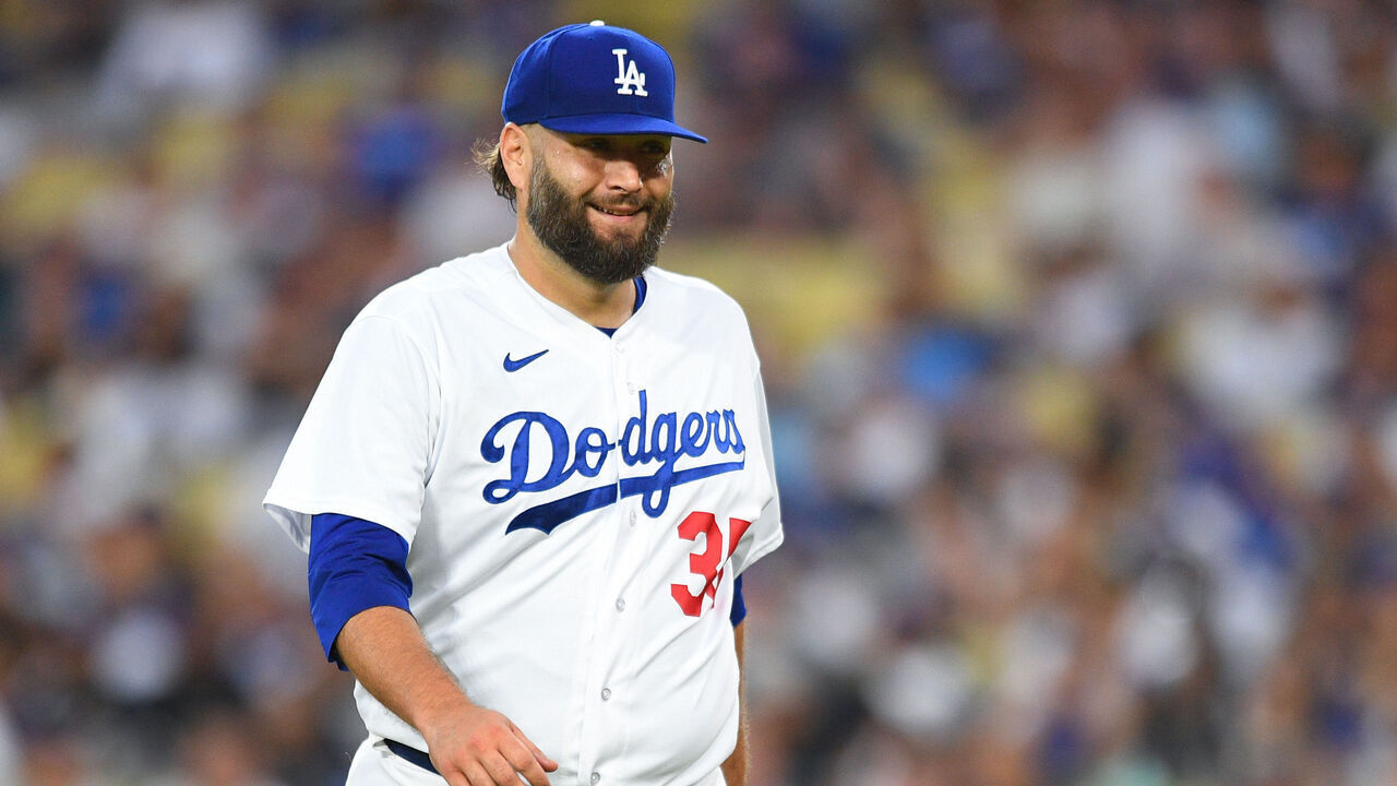 LOS ANGELES, CA - AUGUST 01: Los Angeles Dodgers pitcher Lance Lynn (35) looks on during the MLB game between the Oakland Athletics and the Los Angeles Dodgers on August 1, 2023 at Dodger Stadium in Los Angeles, CA.