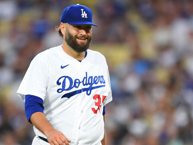 LOS ANGELES, CA - AUGUST 01: Los Angeles Dodgers pitcher Lance Lynn (35) looks on during the MLB game between the Oakland Athletics and the Los Angeles Dodgers on August 1, 2023 at Dodger Stadium in Los Angeles, CA.
