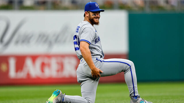 PHILADELPHIA, PA - AUGUST 04: Kyle Isbel #28 of the Kansas City Royals prior to the game against the Philadelphia Phillies on August 4, 2023 at Citizens Bank Park in Philadelphia, Pennsylvania.