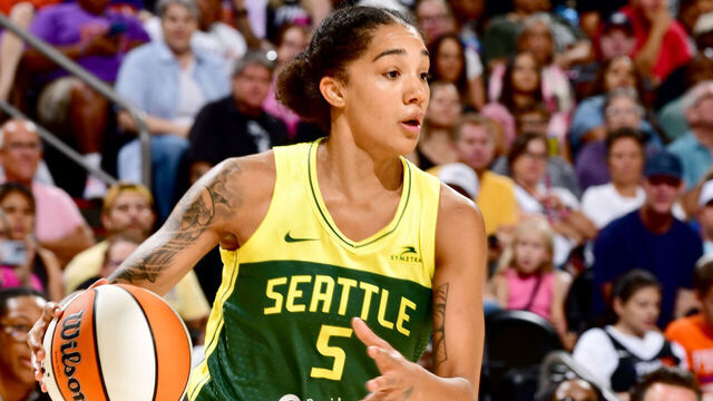 PHOENIX, AZ - AUGUST 5: Gabby Williams #5 of the Seattle Storm dribbles the ball during the game against the Phoenix Mercury on August 5, 2023 at Footprint Center in Phoenix, Arizona. Mandatory Copyright Notice: Copyright 2023 NBAE