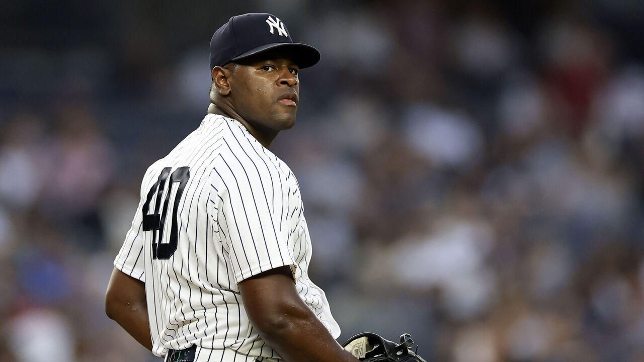 NEW YORK, NY - AUGUST 4: Luis Severino #40 of the New York Yankees reacts during the second inning against the Houston Astros at Yankee Stadium on August 4, 2023 in New York City.