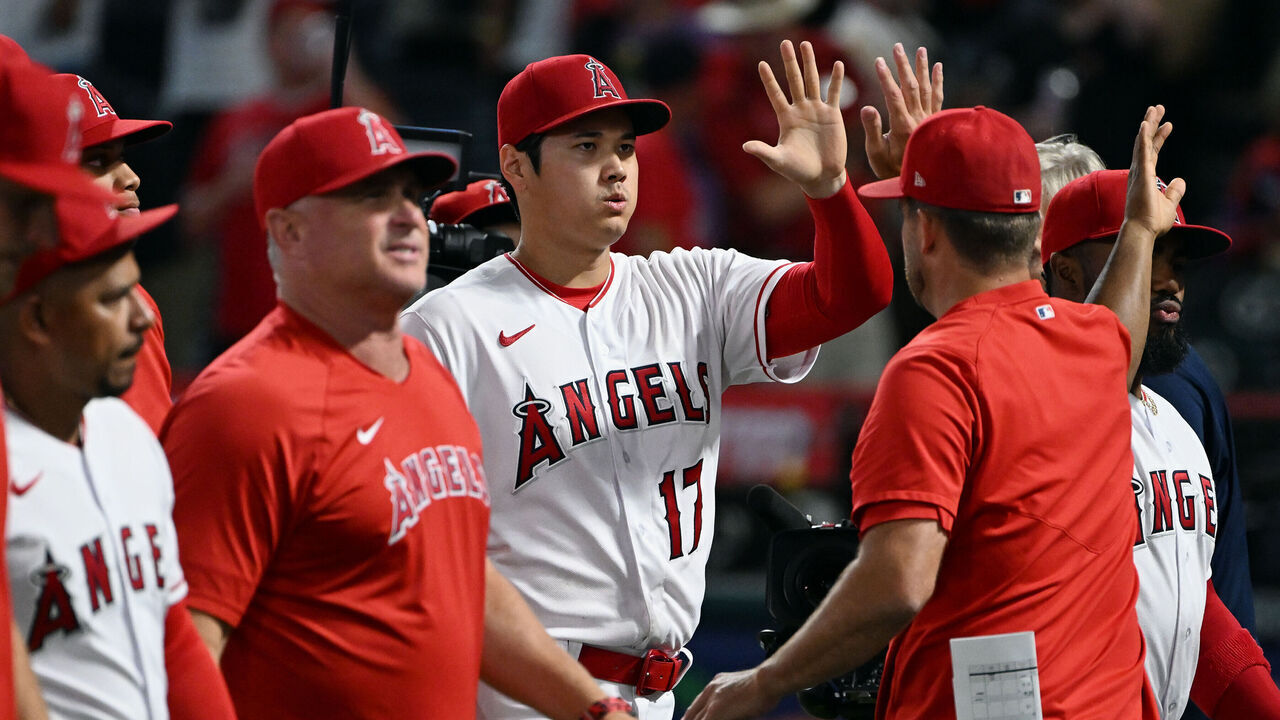 ANAHEIM, CA - AUGUST 09: Los Angeles Angels pitcher Shohei Ohtani (17) on the field after the Angels defeated the San Francisco Giants 4 to 1 in an MLB game played on August 9, 2023 at Angel Stadium in Anaheim, CA.